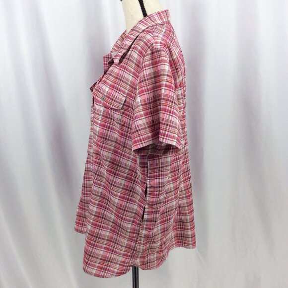 Eddie Bauer Travex Top Women Size 2XL Pink Plaid Vented Short Sleeve Button Down - Picture 7 of 9